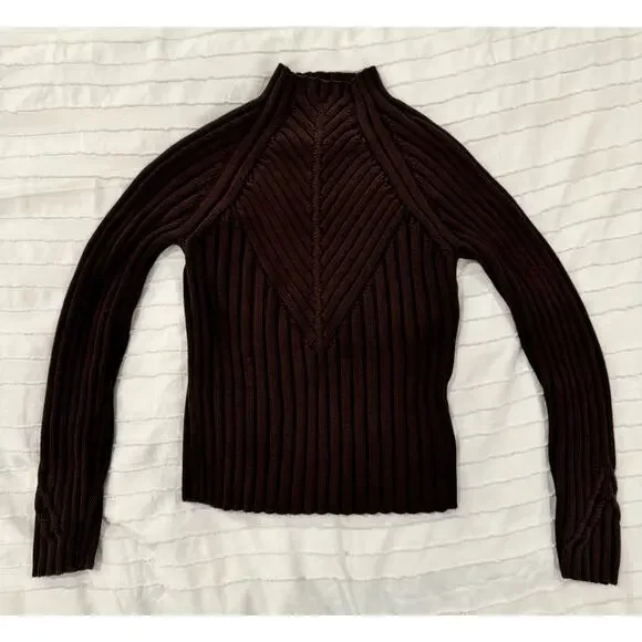 Ribbed Mock Neck Sweater Women's Small Brown Cotton Dark Academia Minimalist - Picture 10 of 16